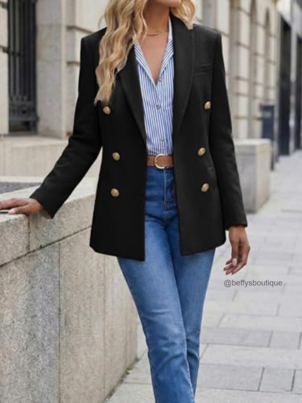 Double Breasted Blazer Open Front Full Lined Loose Work Office Jacket - Picture 3 of 6